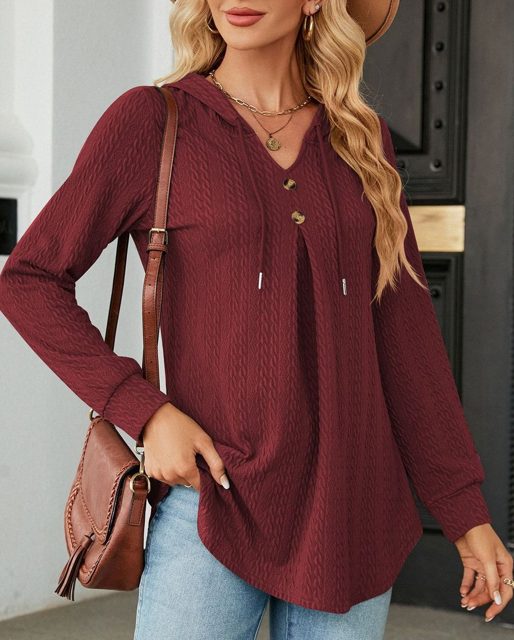 Waffle Knit Hooded Button Placket Tunic - Wine Red - 2