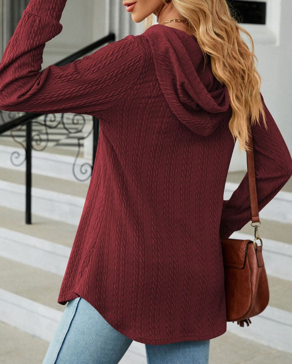 Waffle Knit Hooded Button Placket Tunic - Wine Red - 3