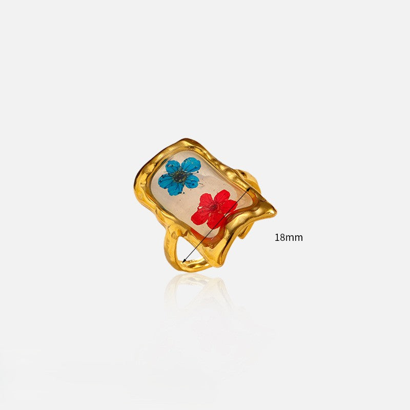 Adjustable Boho Resin Ring with Real Pressed Blooms - Blue & Red