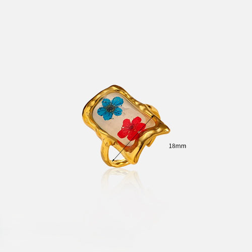 Adjustable Boho Resin Ring with Real Pressed Blooms - Blue & Red