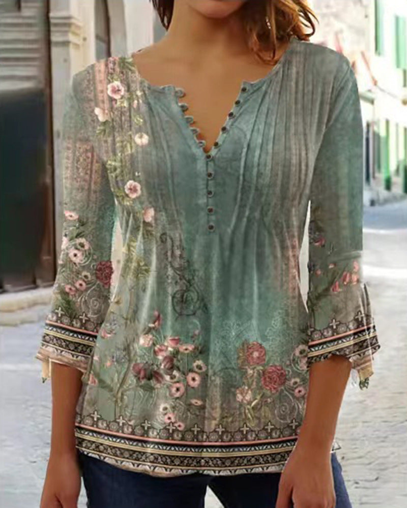 Floral Print Pintuck Bell Sleeve Tee - Green