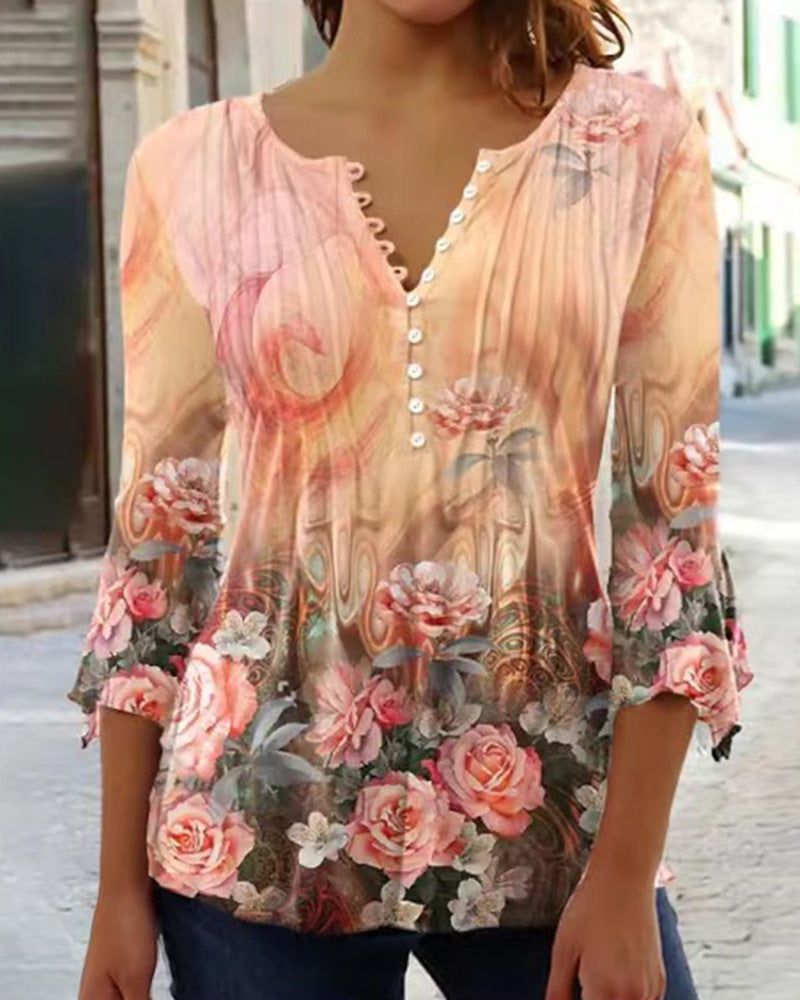Floral Print Pintuck Bell Sleeve Tee - Orange