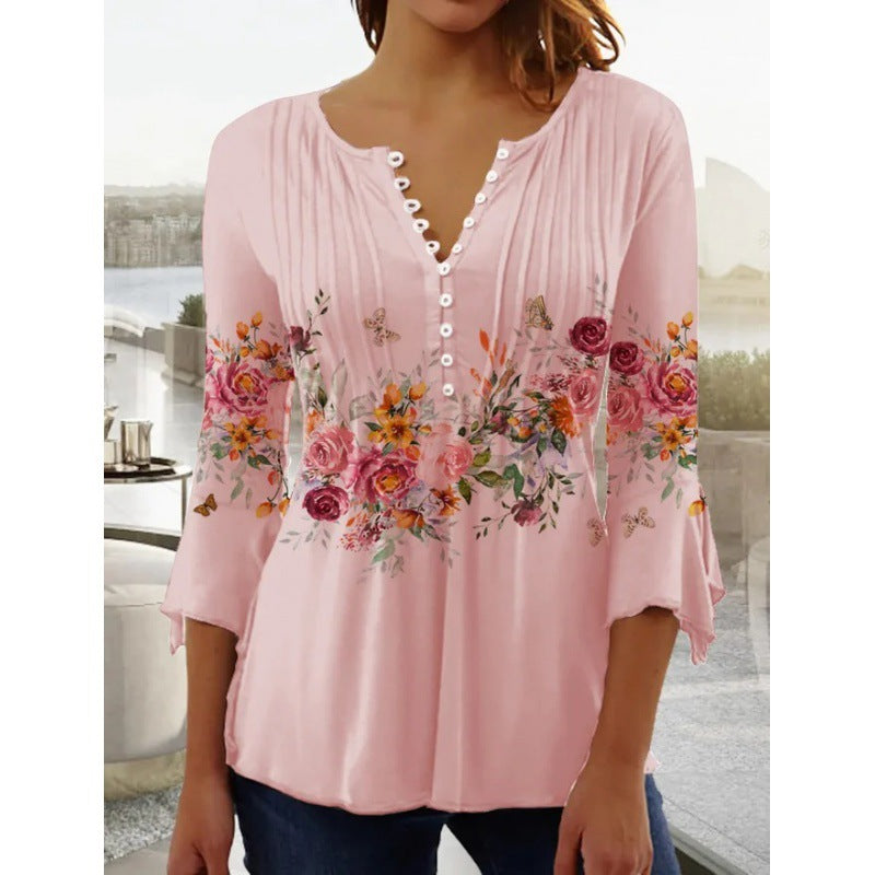 Floral Print Pintuck Bell Sleeve Tee - Pink