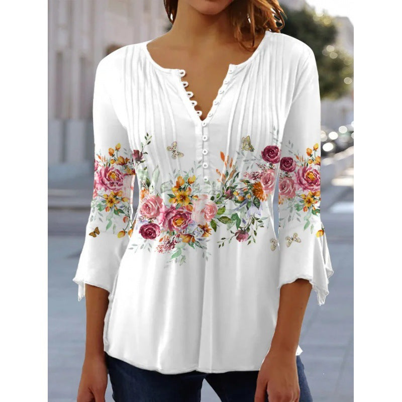 Floral Print Pintuck Bell Sleeve Tee - White