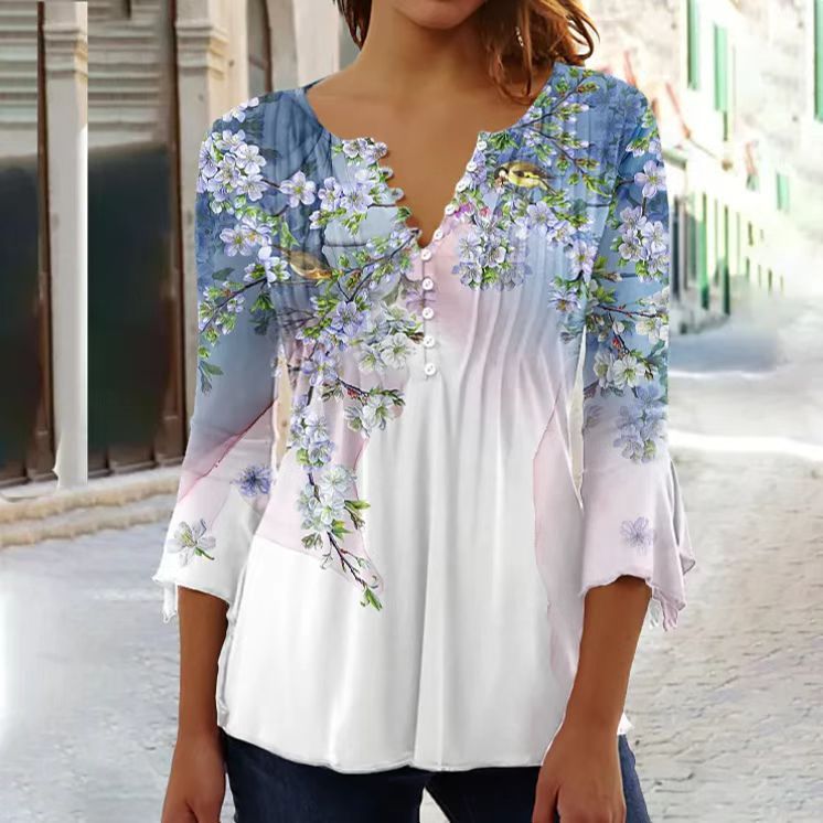 Floral Print Pintuck Bell Sleeve Tee - White_Blue
