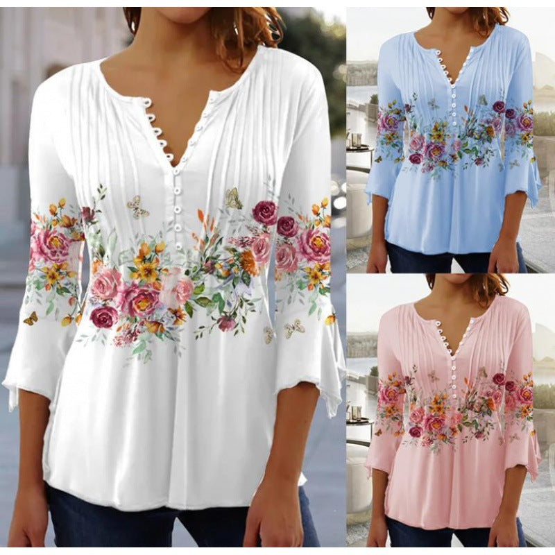 Floral Print Pintuck Bell Sleeve Tee