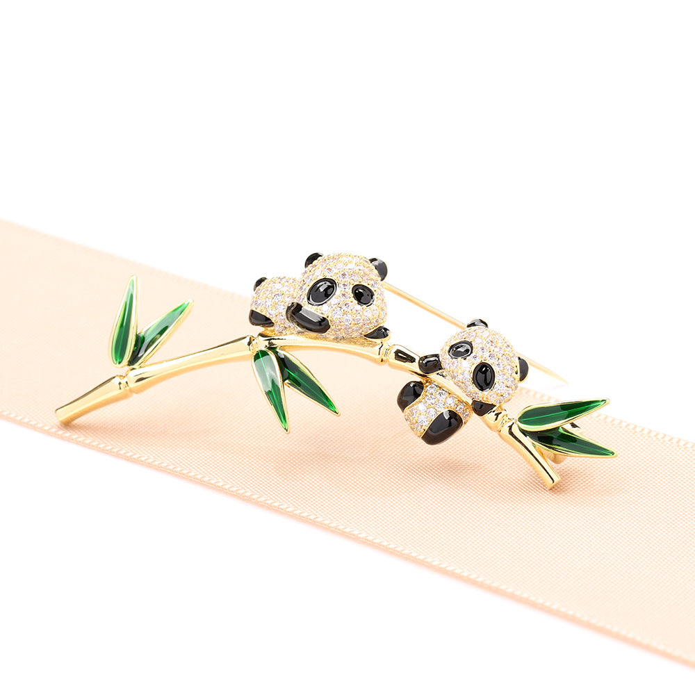 Twin Pandas Bamboo Branch Brooch - Gold - 1