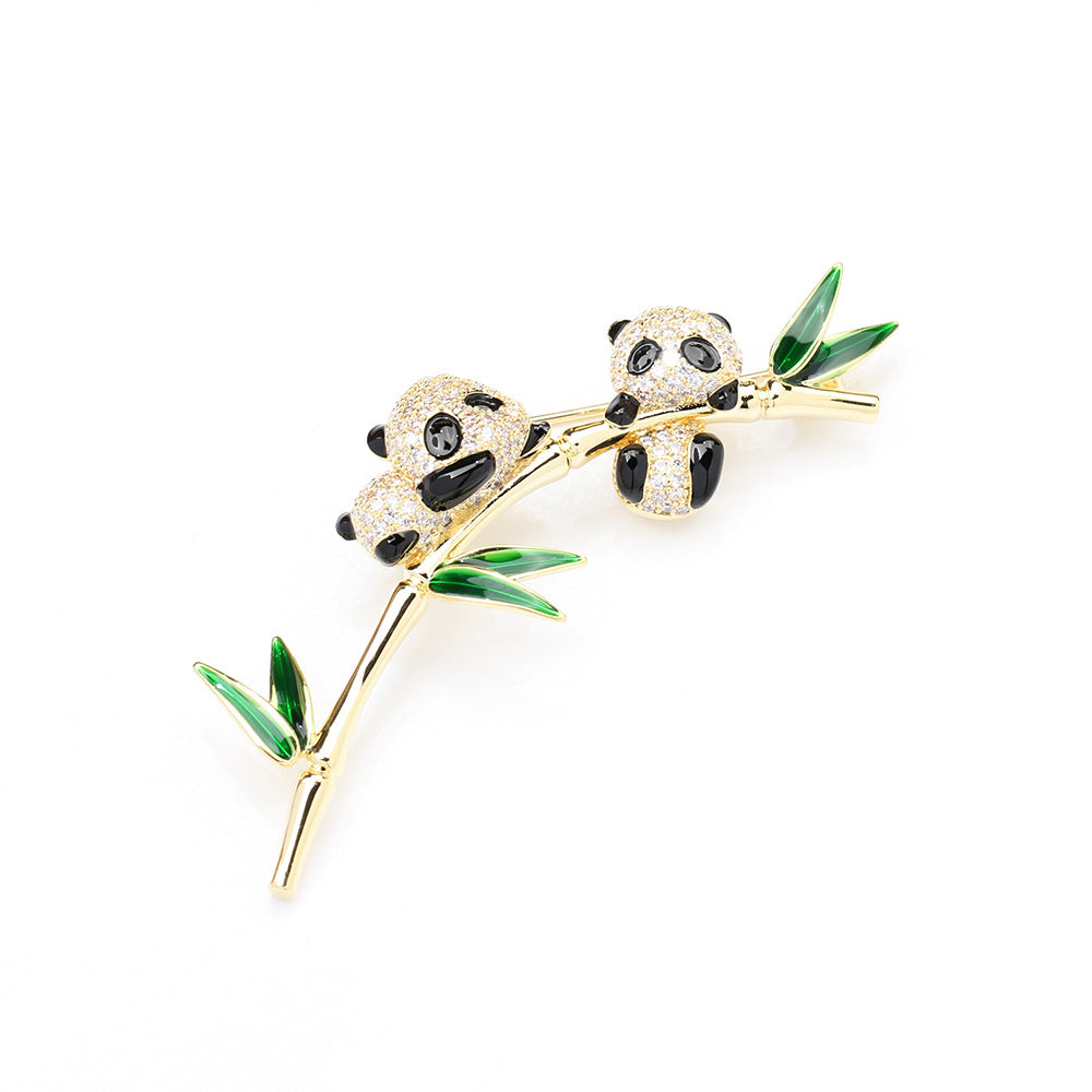 Twin Pandas Bamboo Branch Brooch - Gold - 2