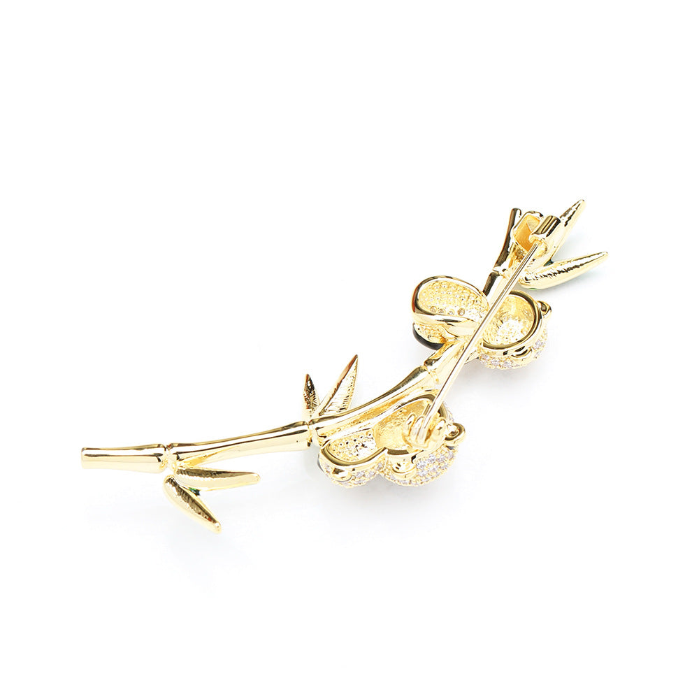 Twin Pandas Bamboo Branch Brooch - Gold - 3