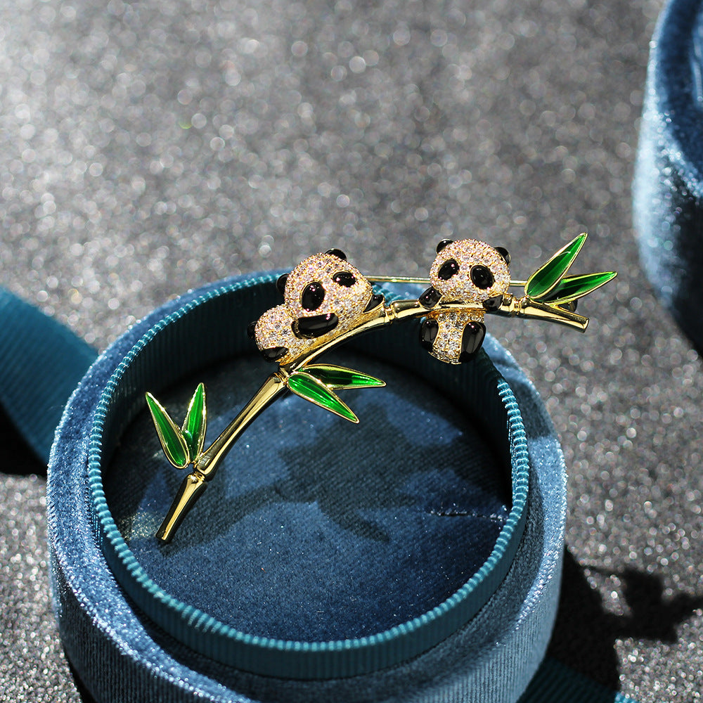 Twin Pandas Bamboo Branch Brooch - Gold - 4