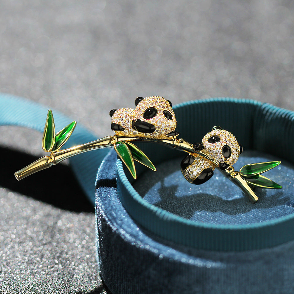Twin Pandas Bamboo Branch Brooch - view 1