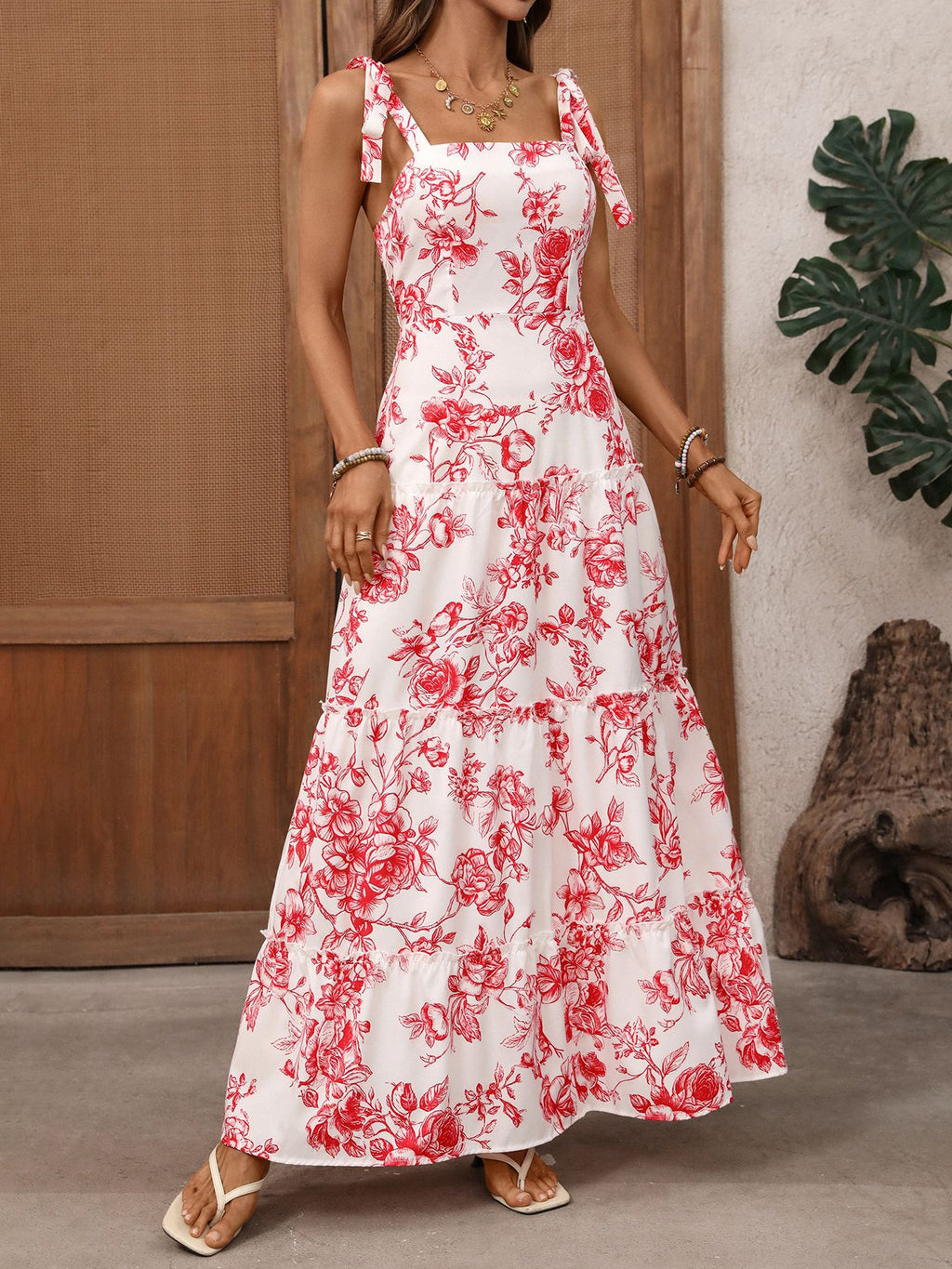 Red Floral Tie Strap Tiered Maxi Dress - Red