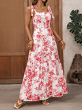 Red Floral Tie Strap Tiered Maxi Dress - Red