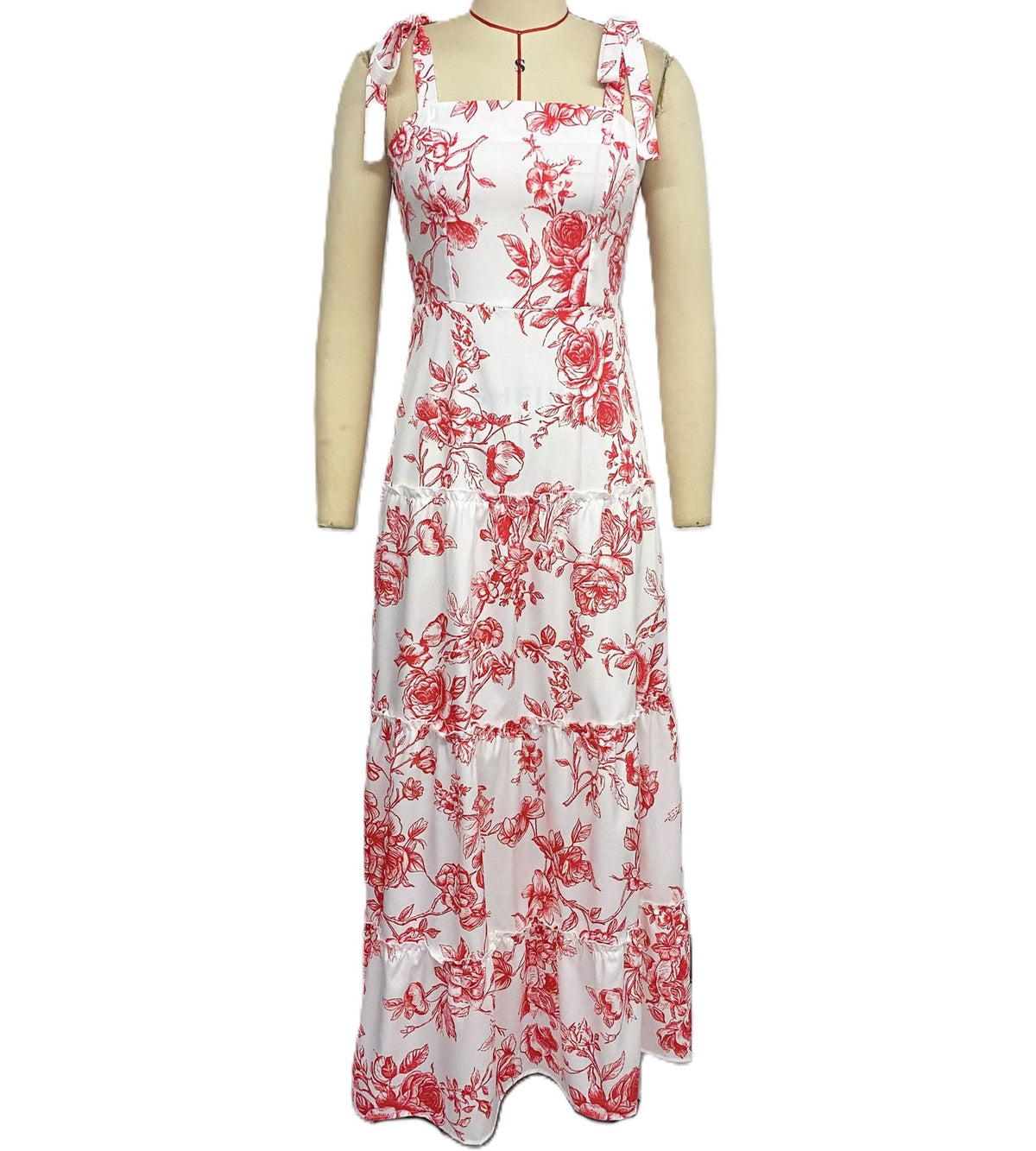 Red Floral Tie Strap Tiered Maxi Dress - Red - 1