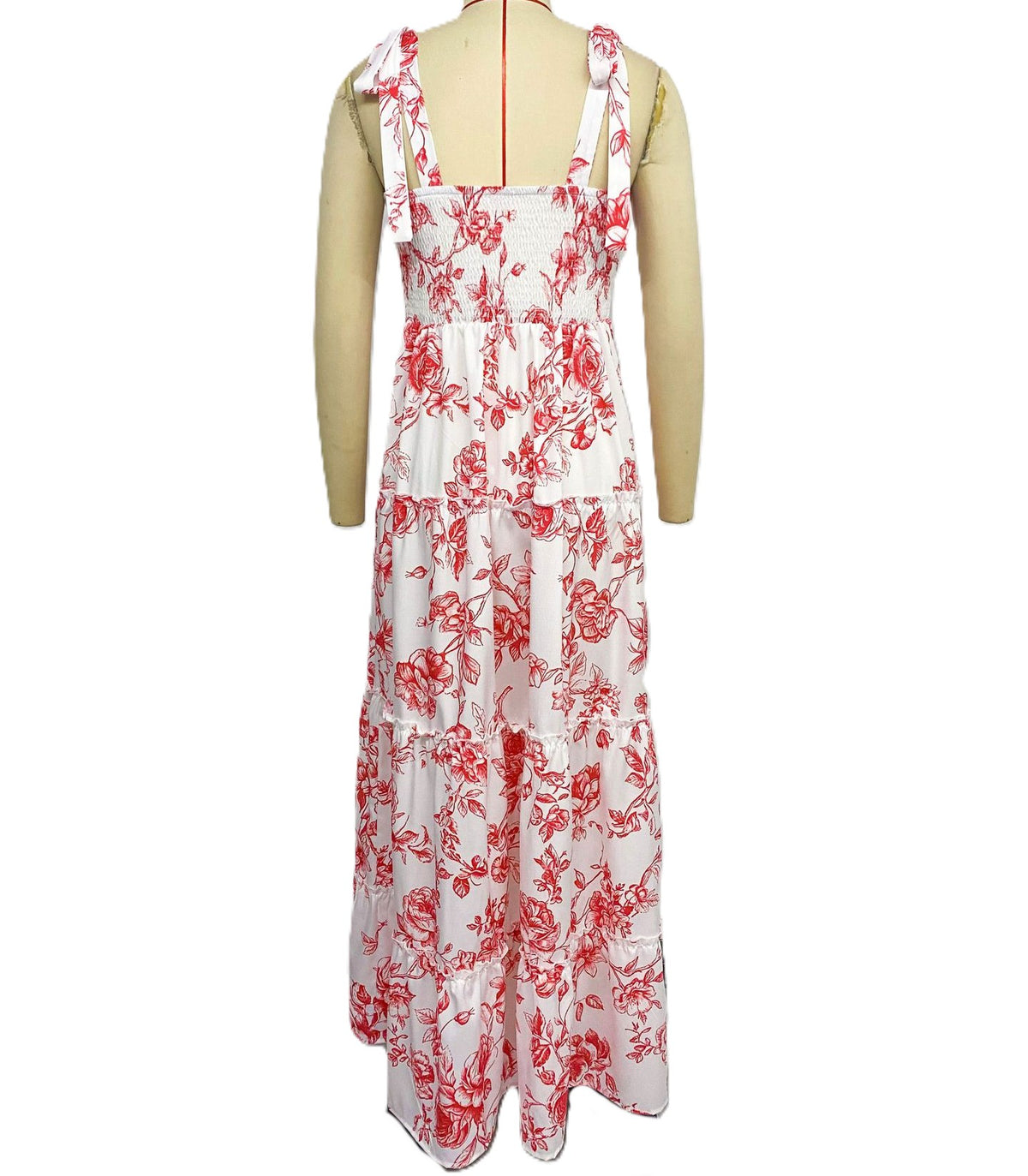Red Floral Tie Strap Tiered Maxi Dress - Red - 2