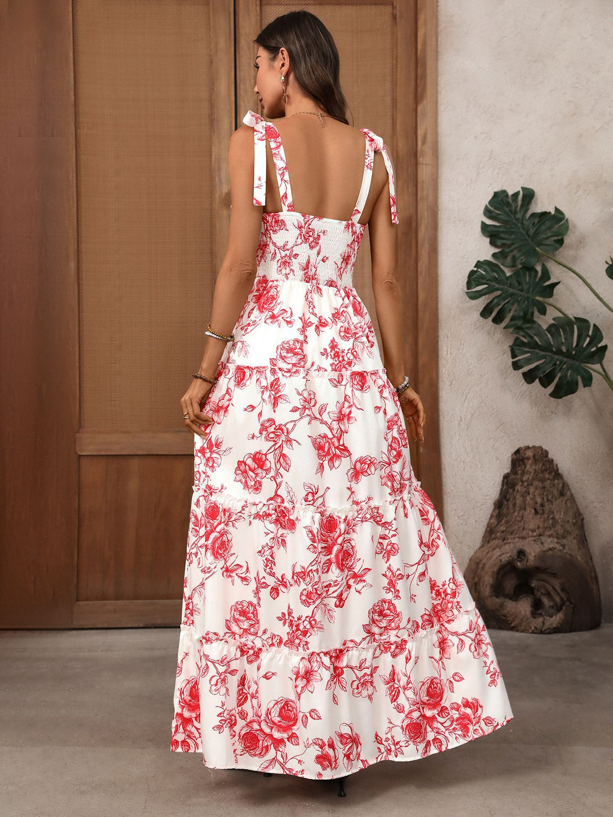 Red Floral Tie Strap Tiered Maxi Dress - Red - 5