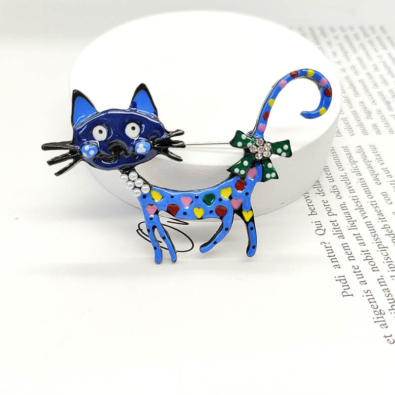 Playful Enamel Kitten Lapel Brooch - Blue