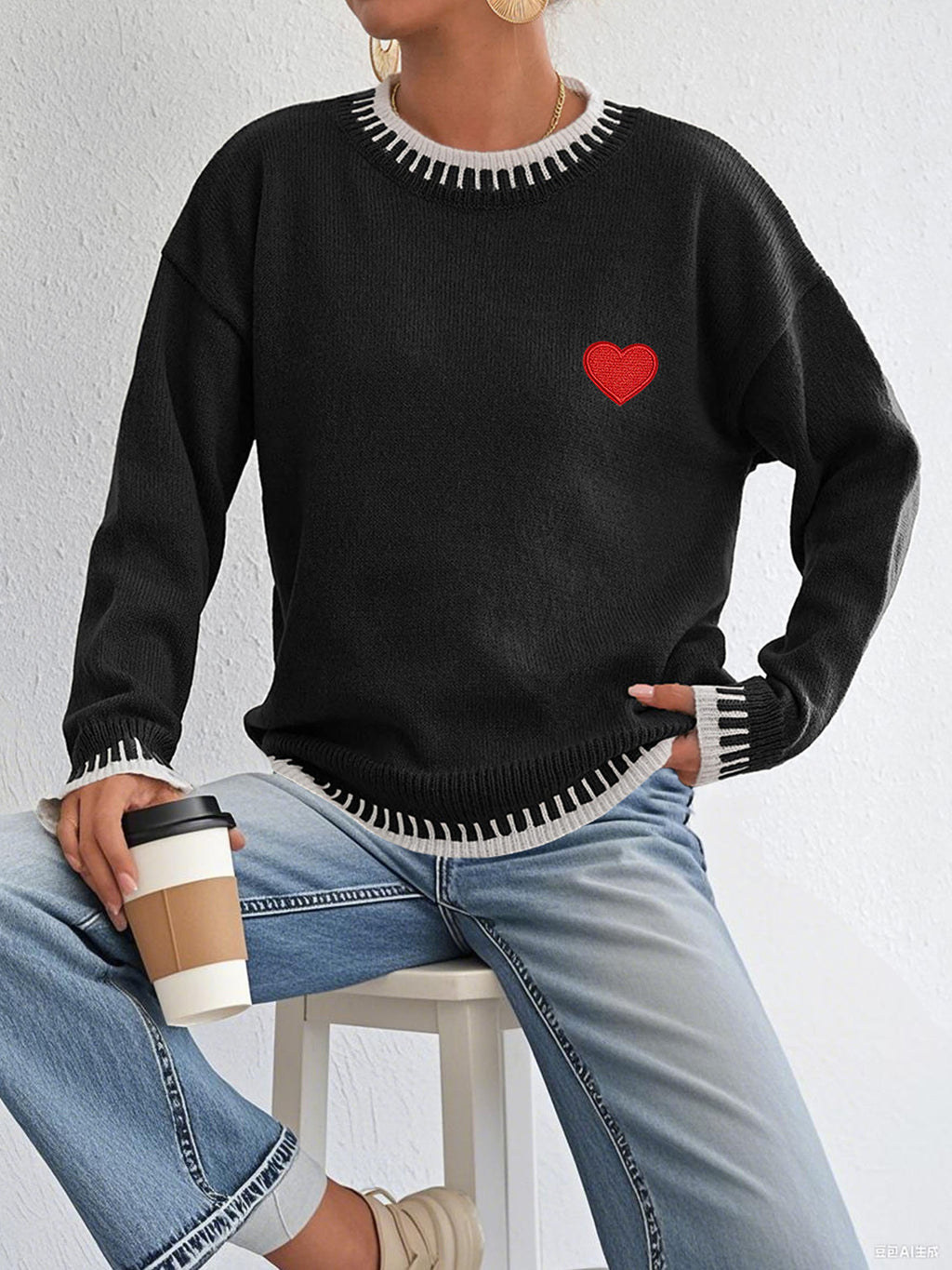 Heart Embroidery Whipstitch Trim Knit Sweater - Black - 1