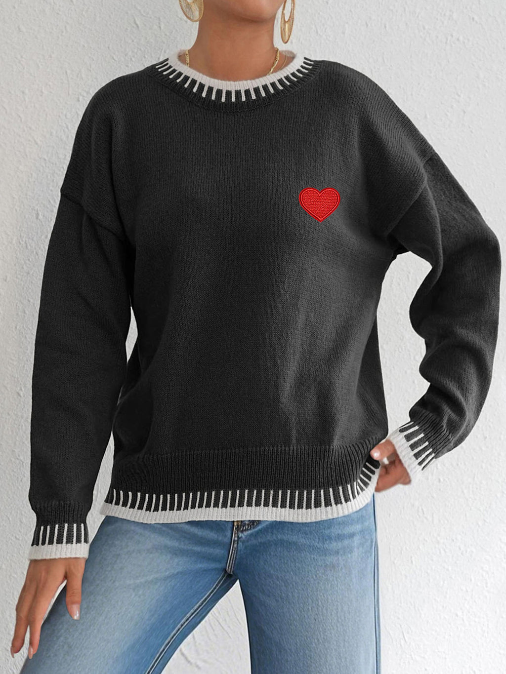 Heart Embroidery Whipstitch Trim Knit Sweater - Black - 2