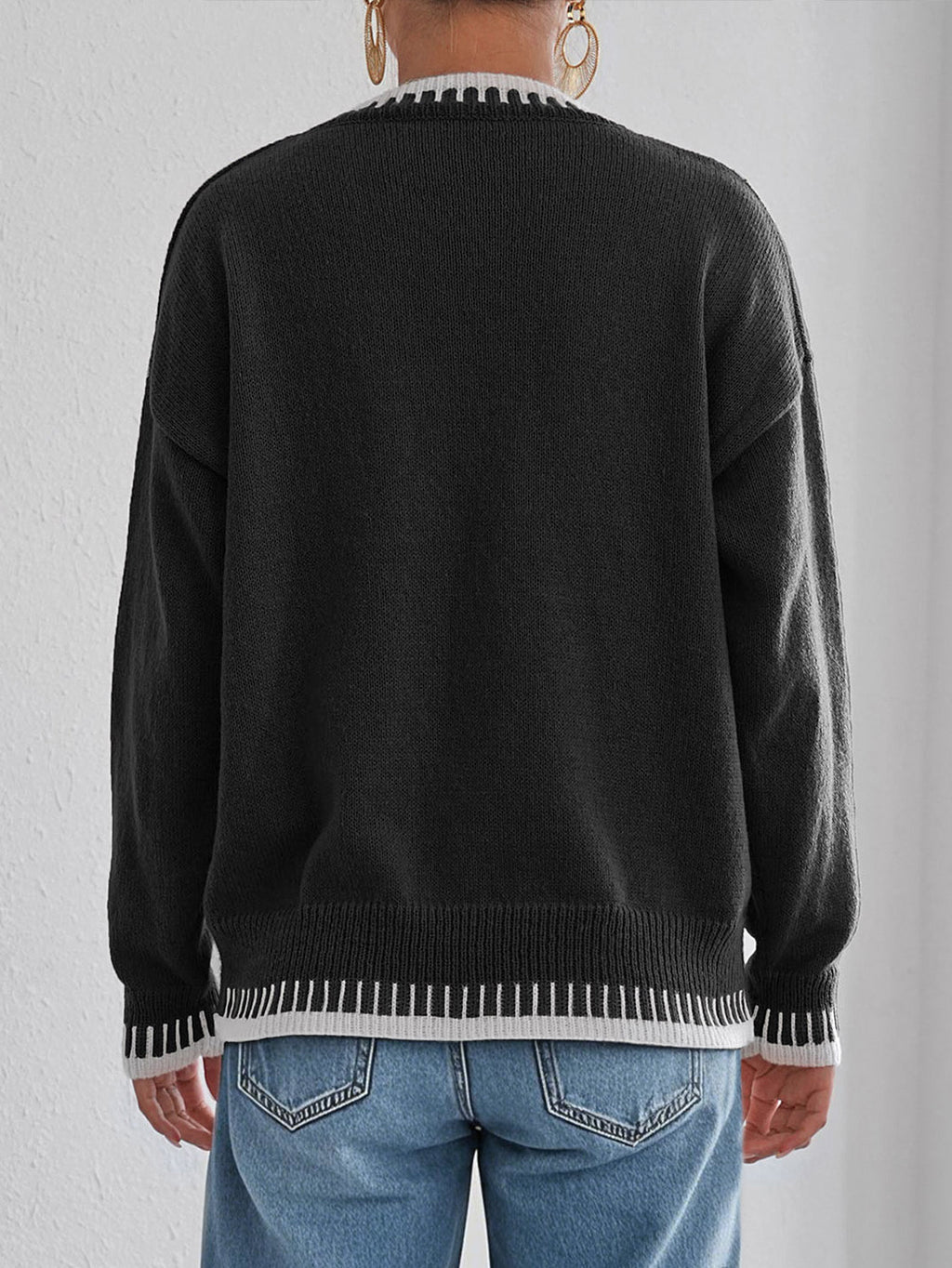 Heart Embroidery Whipstitch Trim Knit Sweater - Black - 3