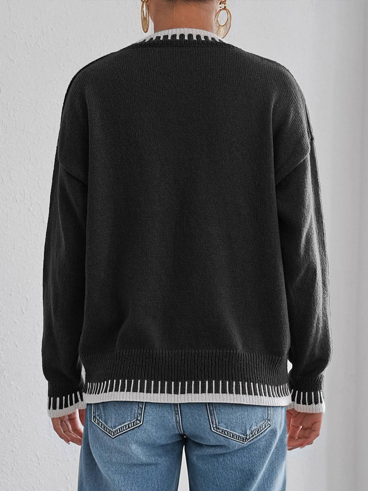 Heart Embroidery Whipstitch Trim Knit Sweater - Black - 3