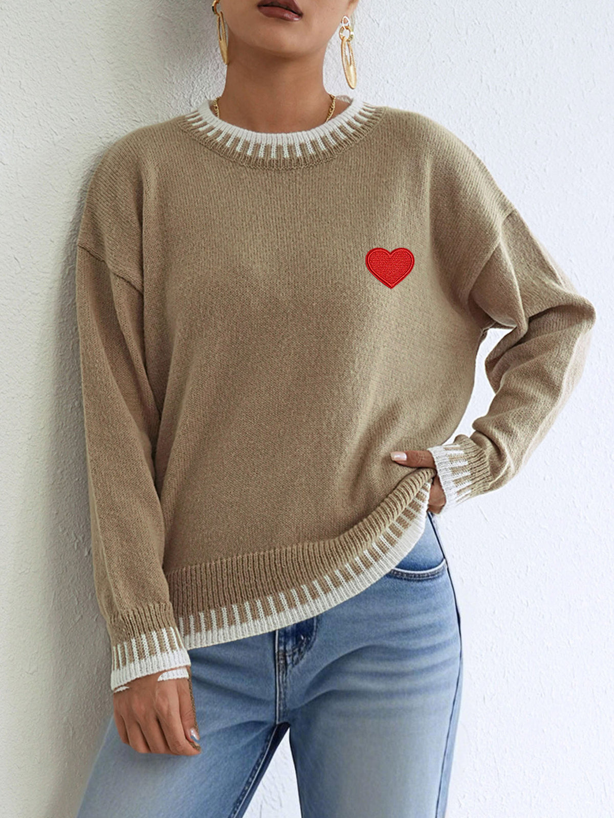 Heart Embroidery Whipstitch Trim Knit Sweater - Khaki