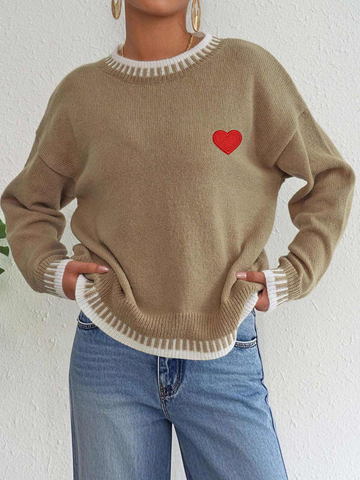 Heart Embroidery Whipstitch Trim Knit Sweater - Khaki - 1