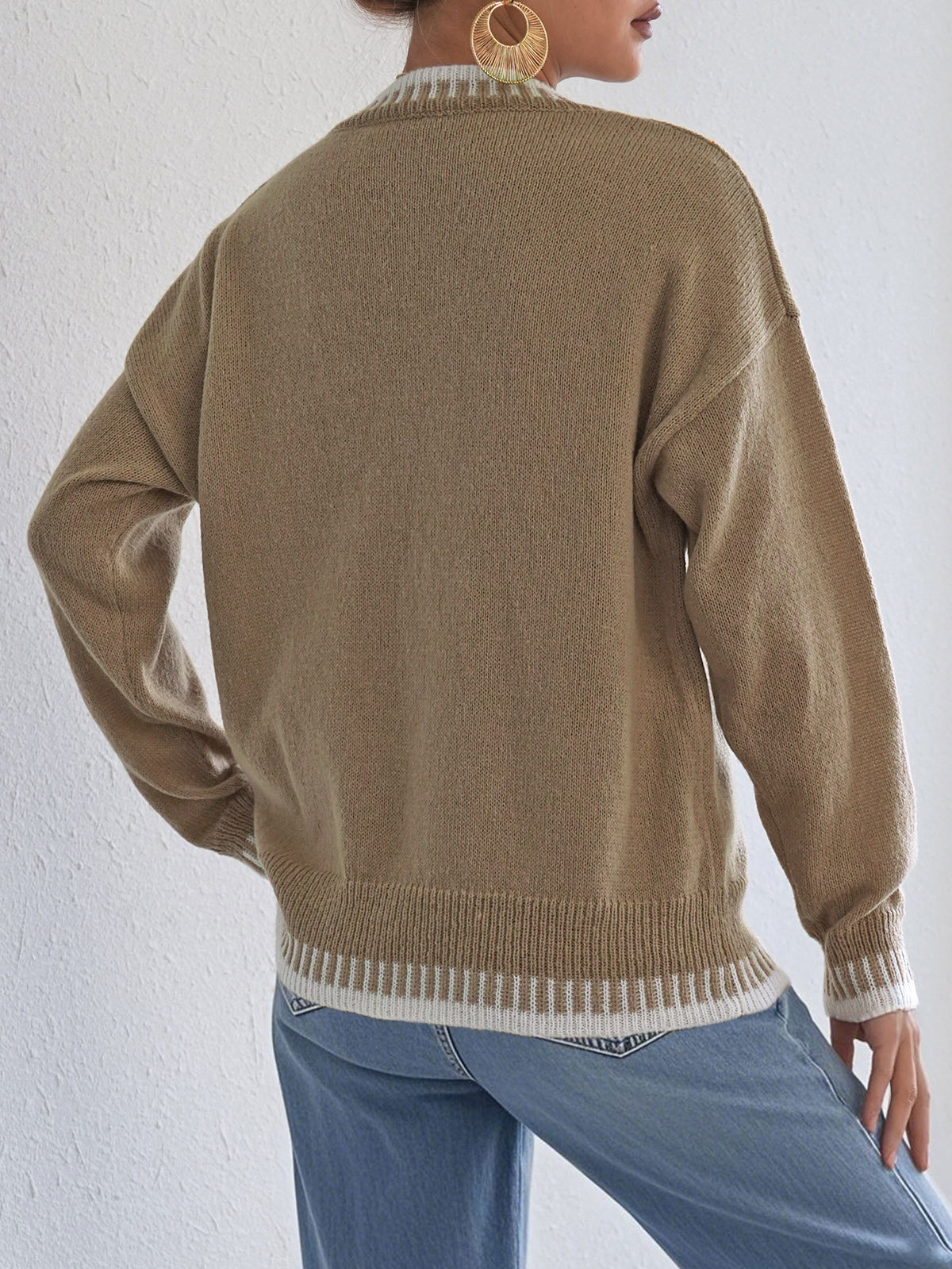 Heart Embroidery Whipstitch Trim Knit Sweater - Khaki - 2