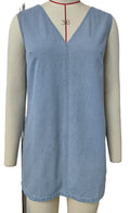 Sleeveless V Neck Denim Shift Dress - Blue