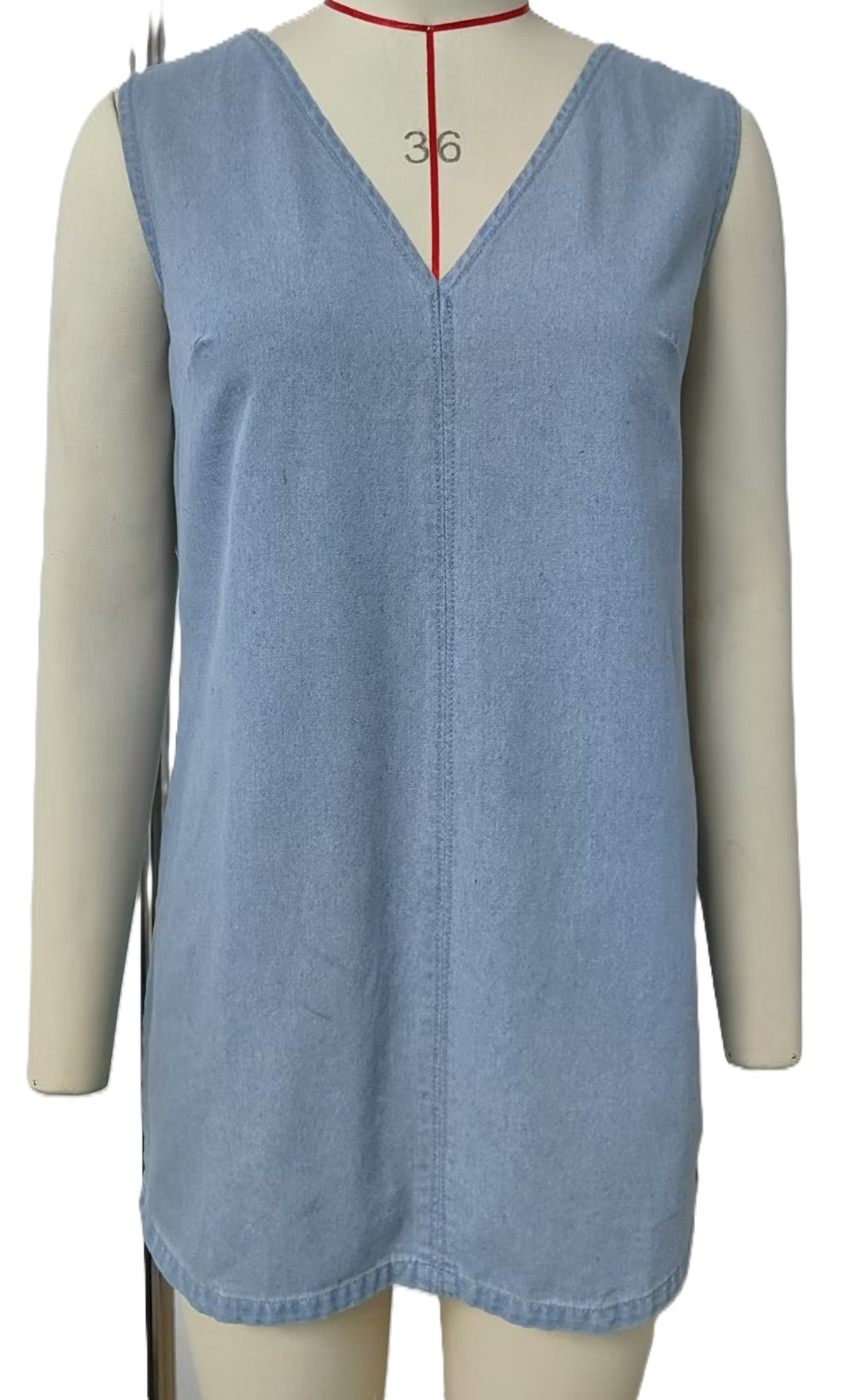 Sleeveless V Neck Denim Shift Dress - Blue