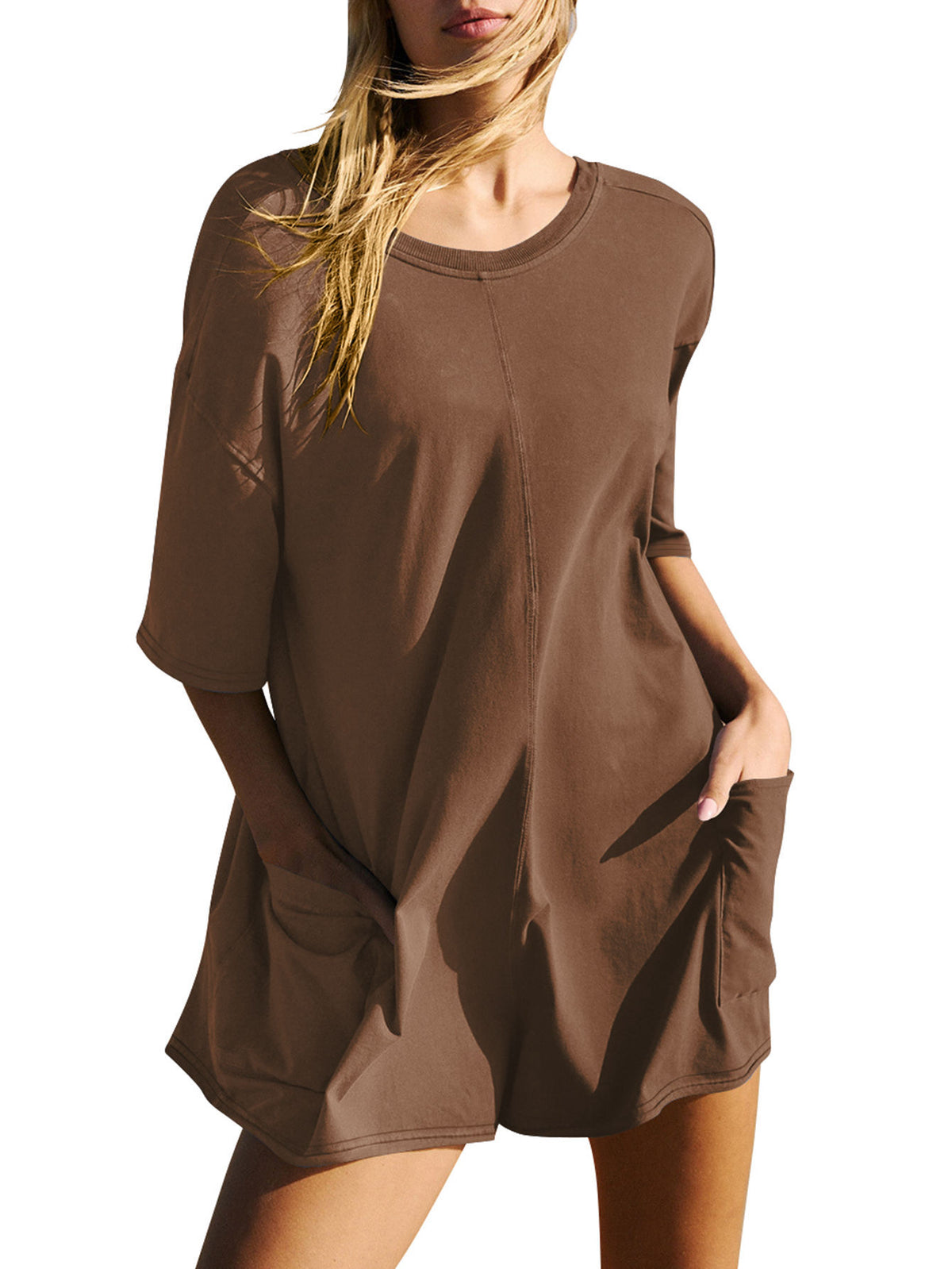 Low Back Short Sleeve Tee Romper - Coffee