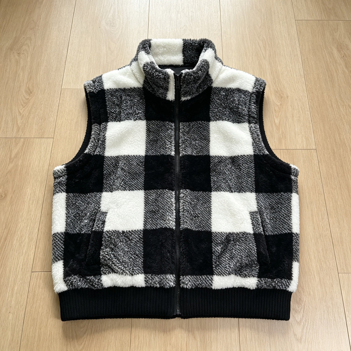 Buffalo Plaid Fuzzy Zip Vest with Side Pockets - Black - 1