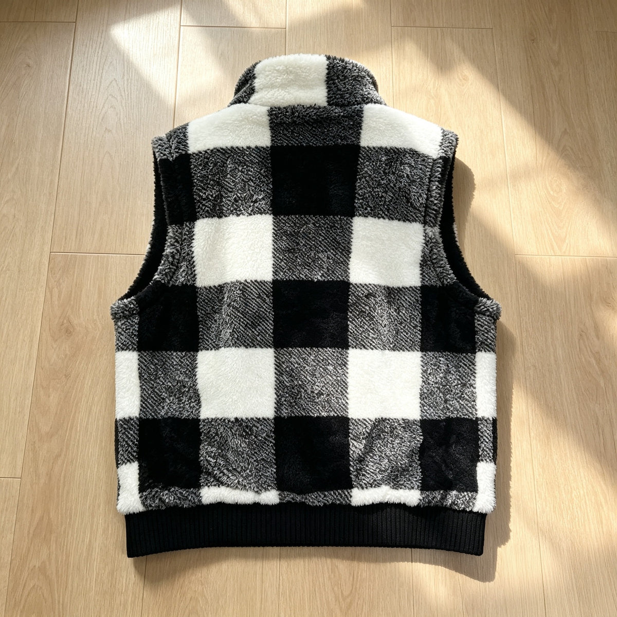 Buffalo Plaid Fuzzy Zip Vest with Side Pockets - Black - 2