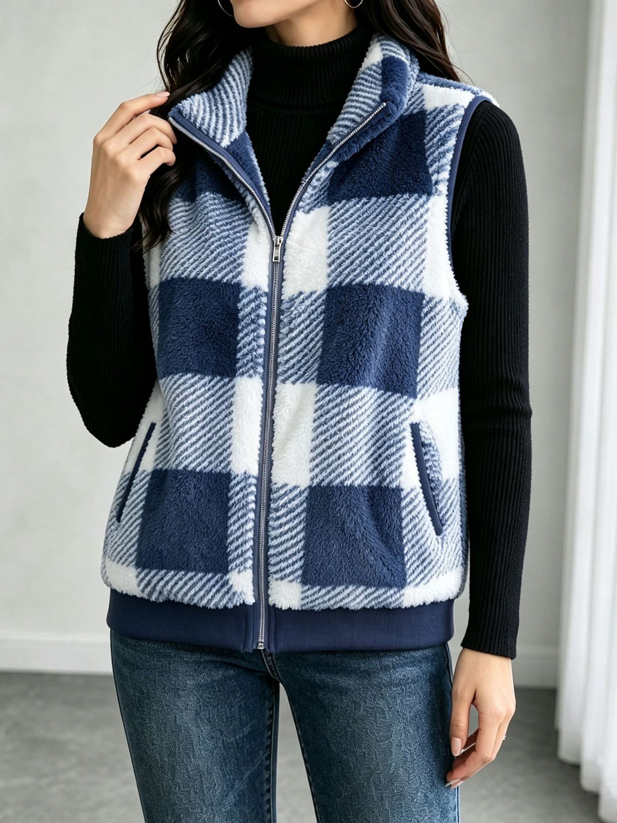 Buffalo Plaid Fuzzy Zip Vest with Side Pockets - Blue