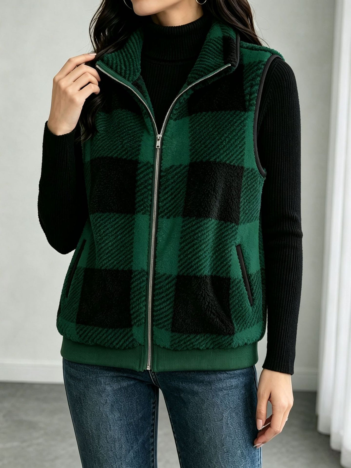 Buffalo Plaid Fuzzy Zip Vest with Side Pockets - DkGreen