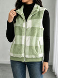 Buffalo Plaid Fuzzy Zip Vest with Side Pockets - Green