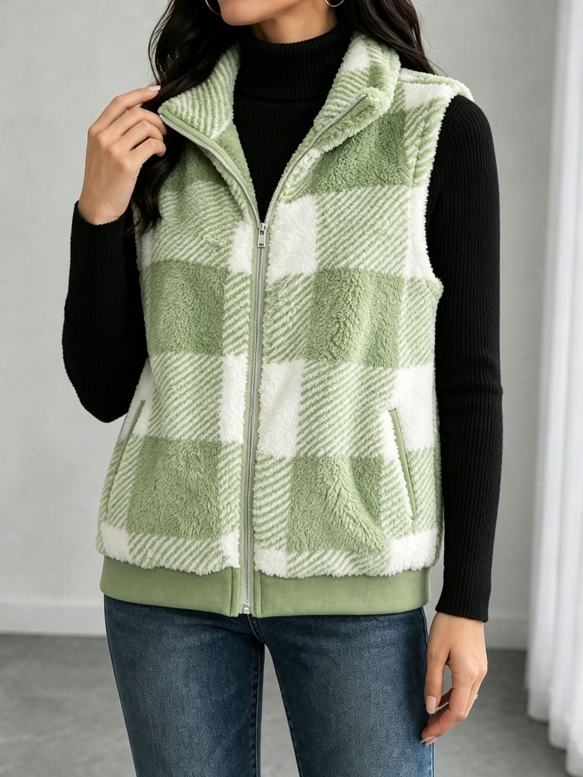Buffalo Plaid Fuzzy Zip Vest with Side Pockets - Green