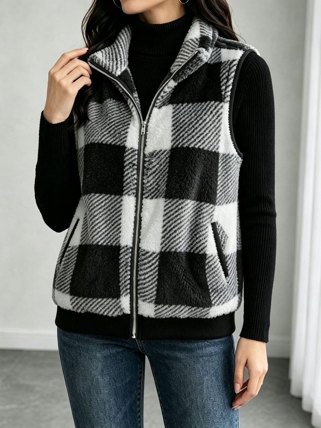 Buffalo Plaid Fuzzy Zip Vest with Side Pockets - Grey