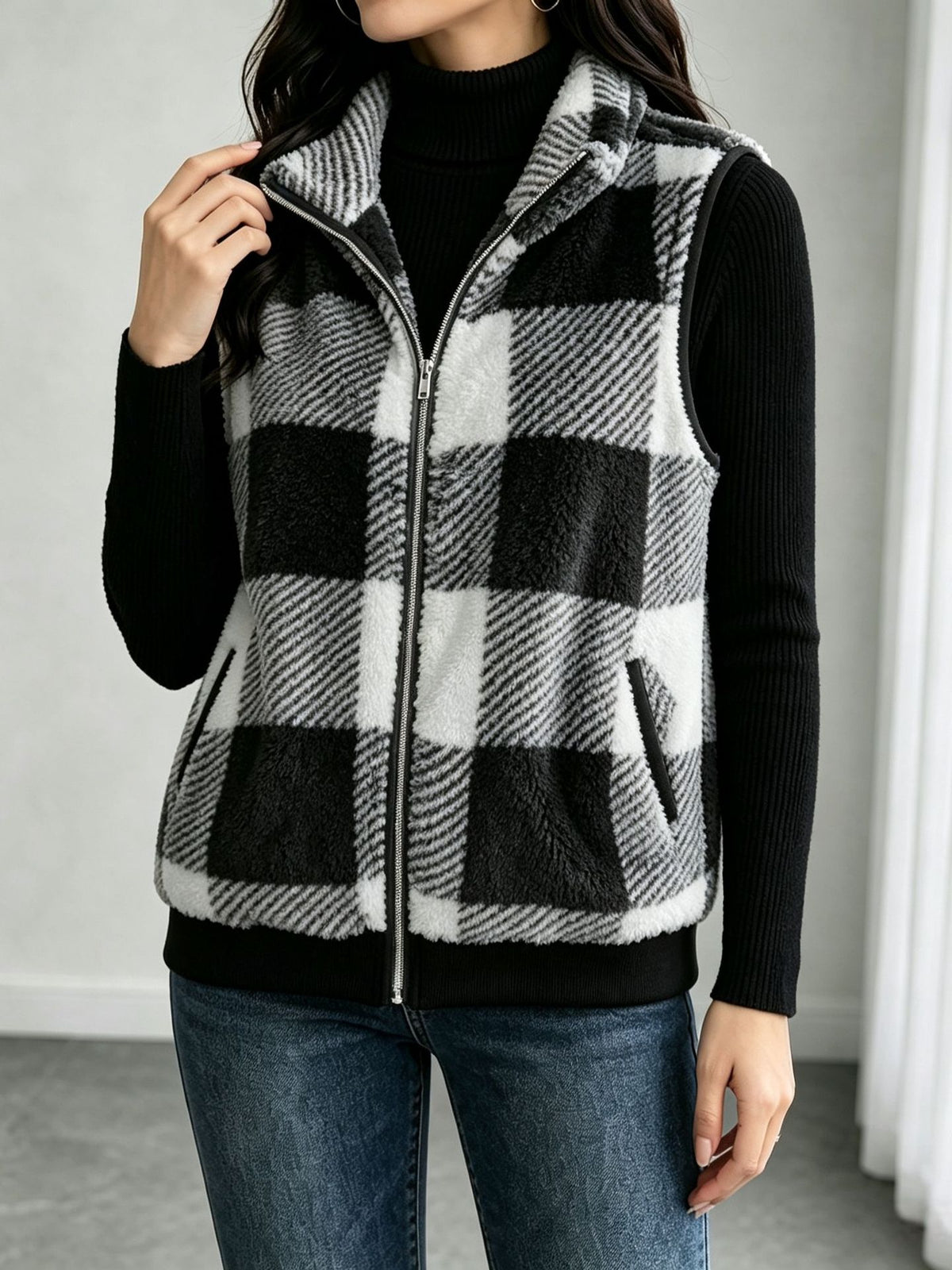 Buffalo Plaid Fuzzy Zip Vest with Side Pockets - Grey