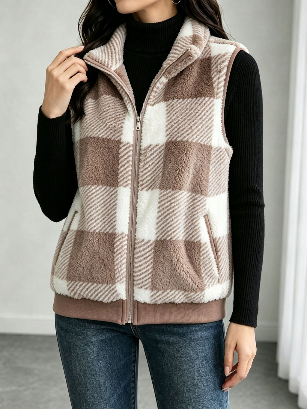 Buffalo Plaid Fuzzy Zip Vest with Side Pockets - Khaki