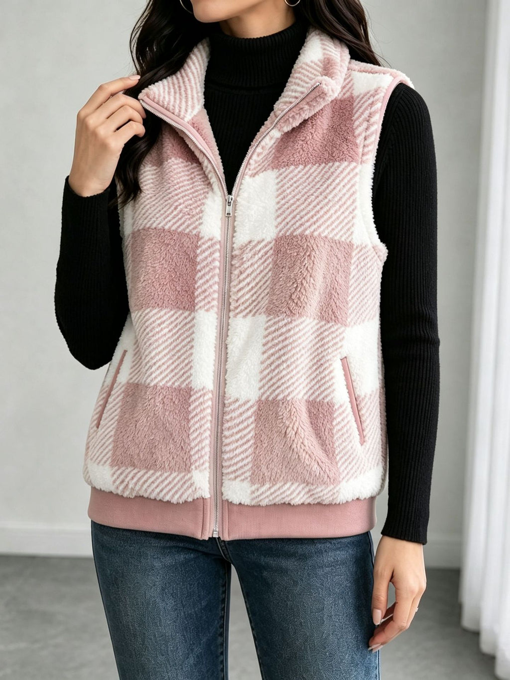 Buffalo Plaid Fuzzy Zip Vest with Side Pockets - Pink