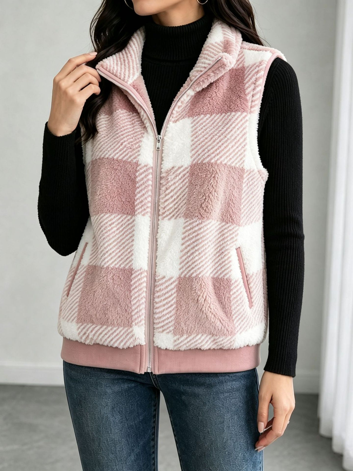Buffalo Plaid Fuzzy Zip Vest with Side Pockets - Pink