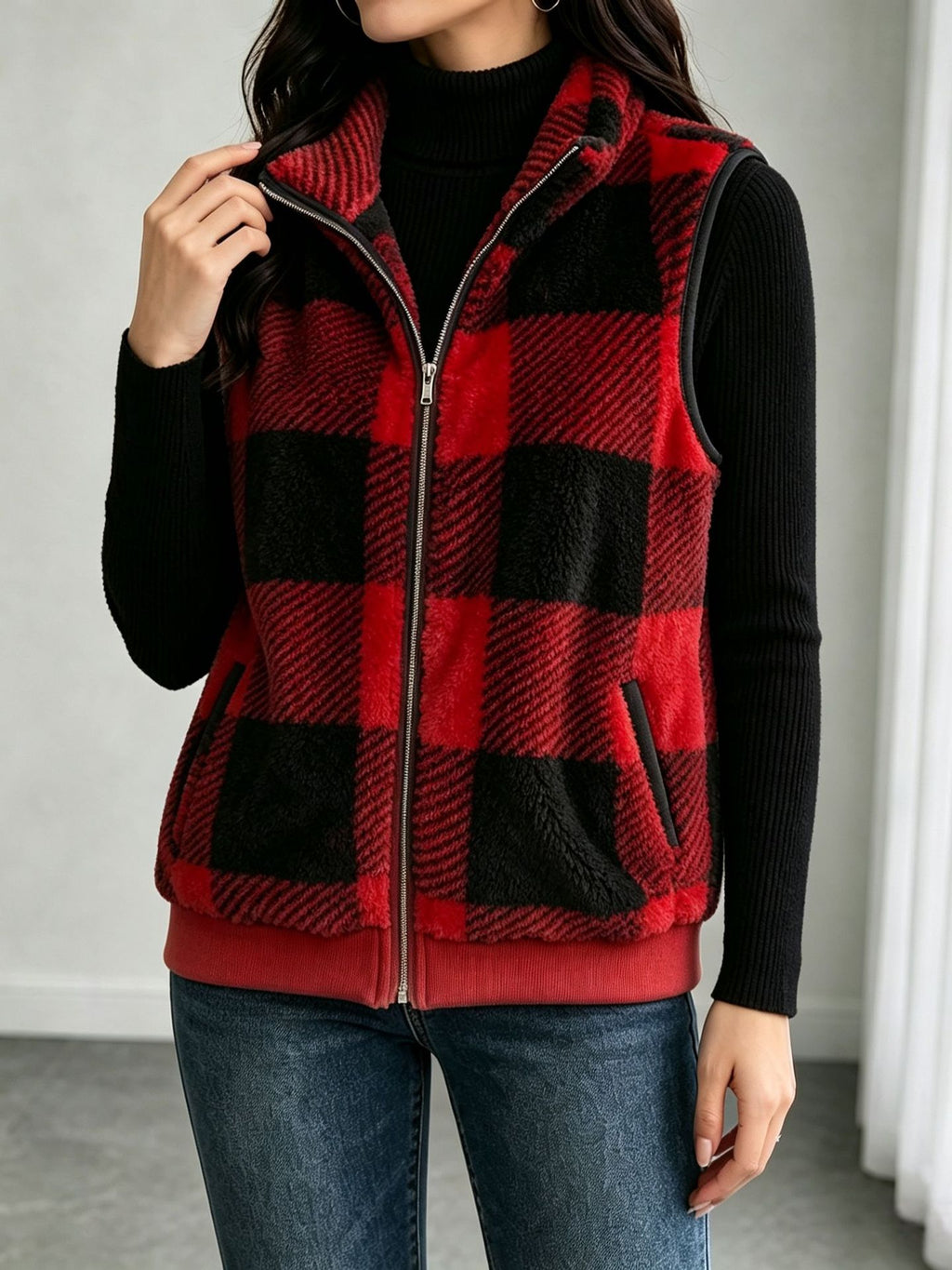 Buffalo Plaid Fuzzy Zip Vest with Side Pockets - Red