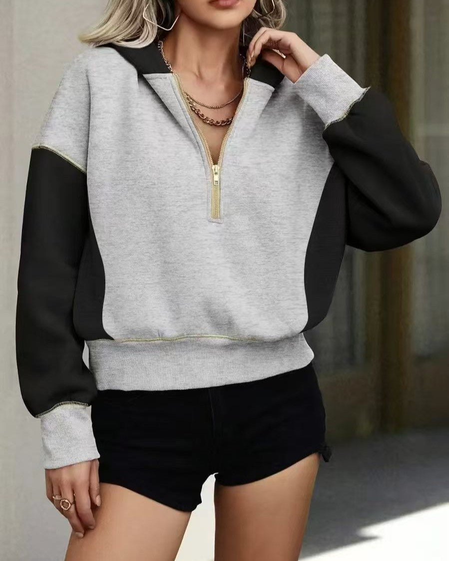 Two Tone Half Zip Cropped Hooded Sweatshirt - Gray