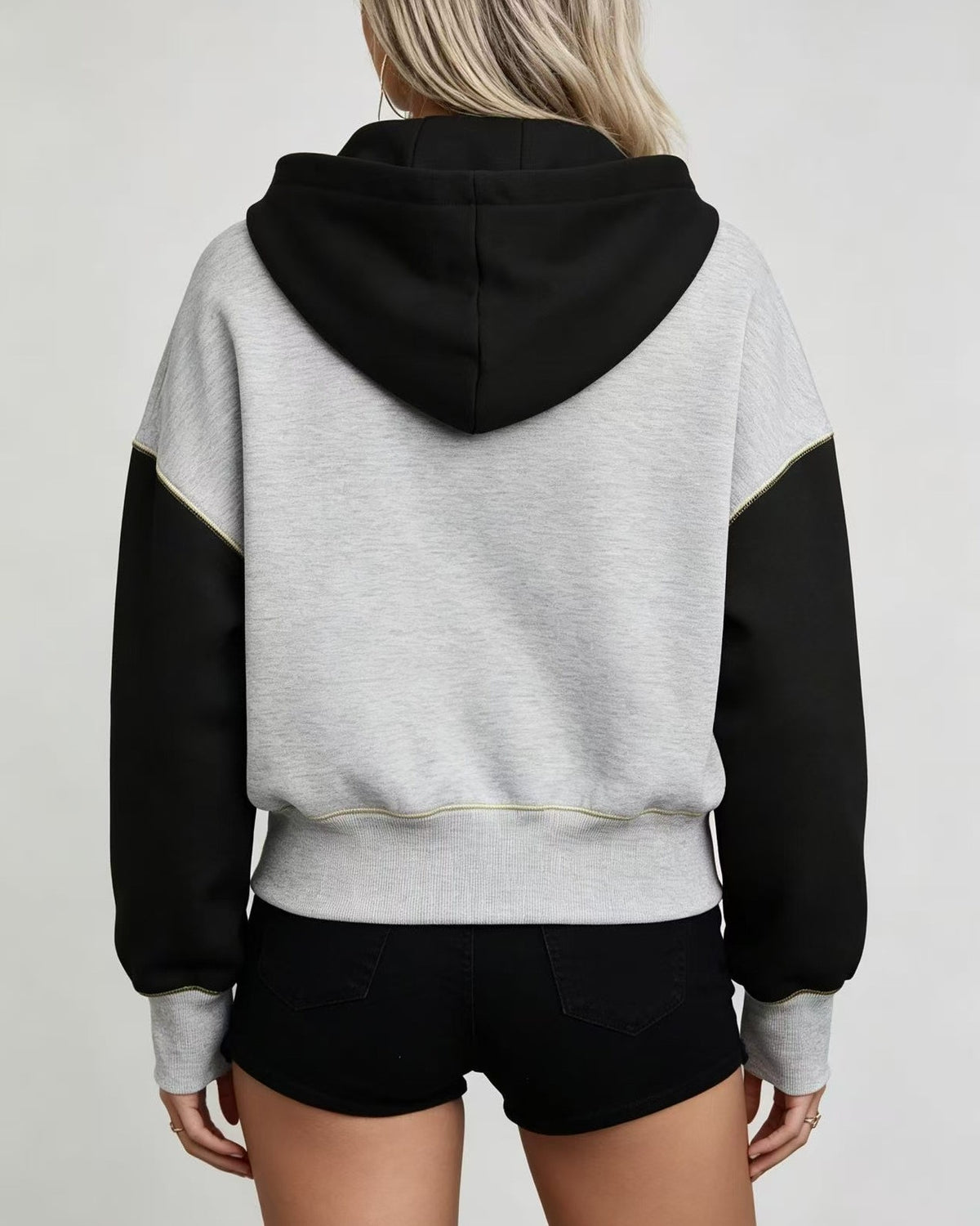 Two Tone Half Zip Cropped Hooded Sweatshirt - Gray - 1