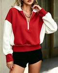 Two Tone Half Zip Cropped Hooded Sweatshirt - Red