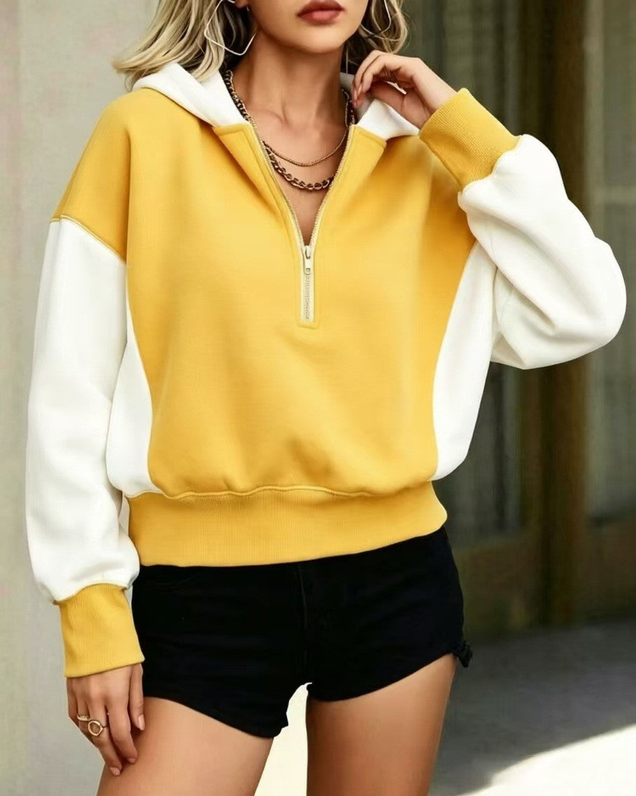 Two Tone Half Zip Cropped Hooded Sweatshirt - Yellow