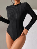 Ribbed Lettuce Edge Mock Neck Bodysuit - Black