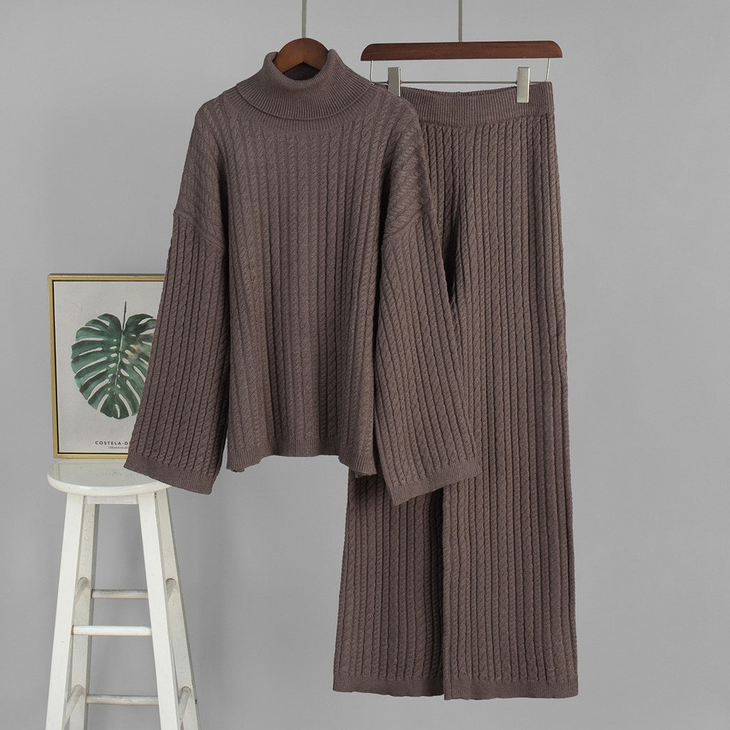 Ribbed Turtleneck Sweater And Wide Leg Set - Coffee