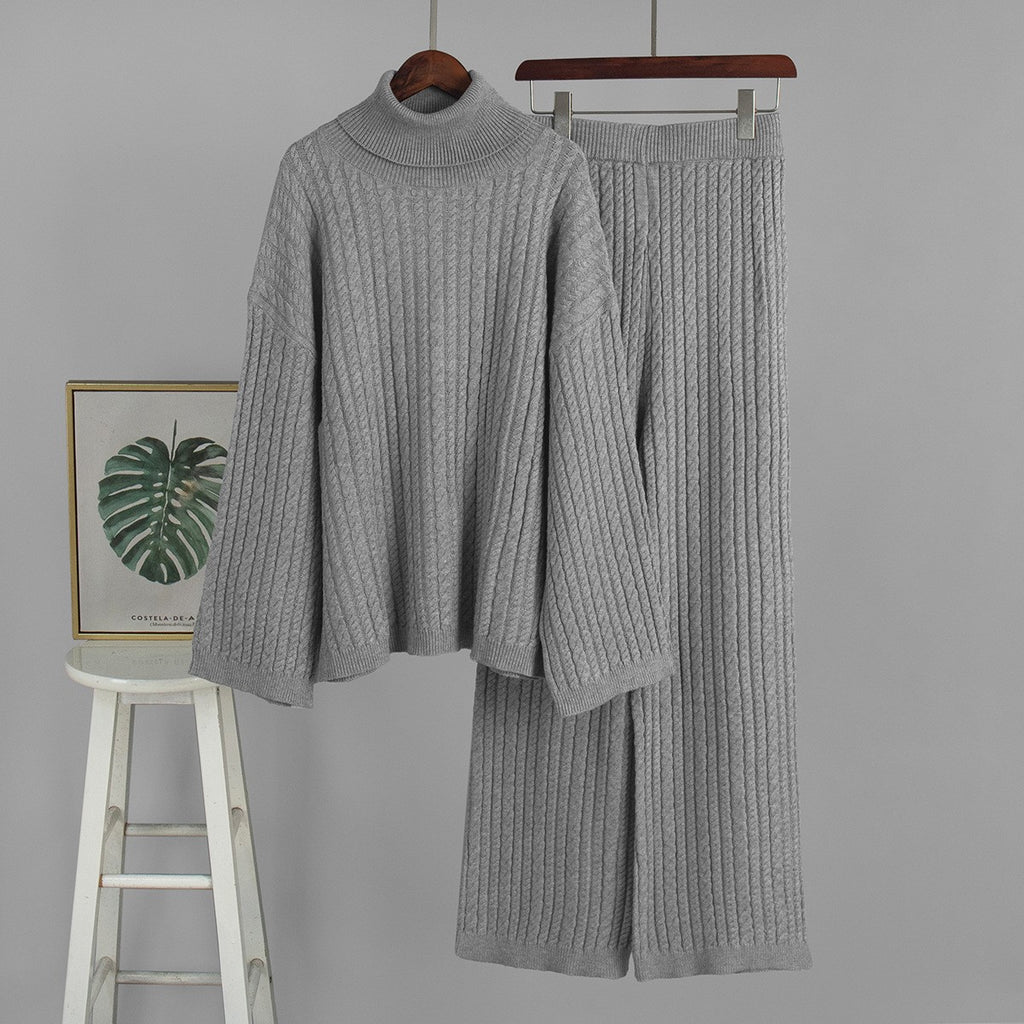 Ribbed Turtleneck Sweater And Wide Leg Set - Grey
